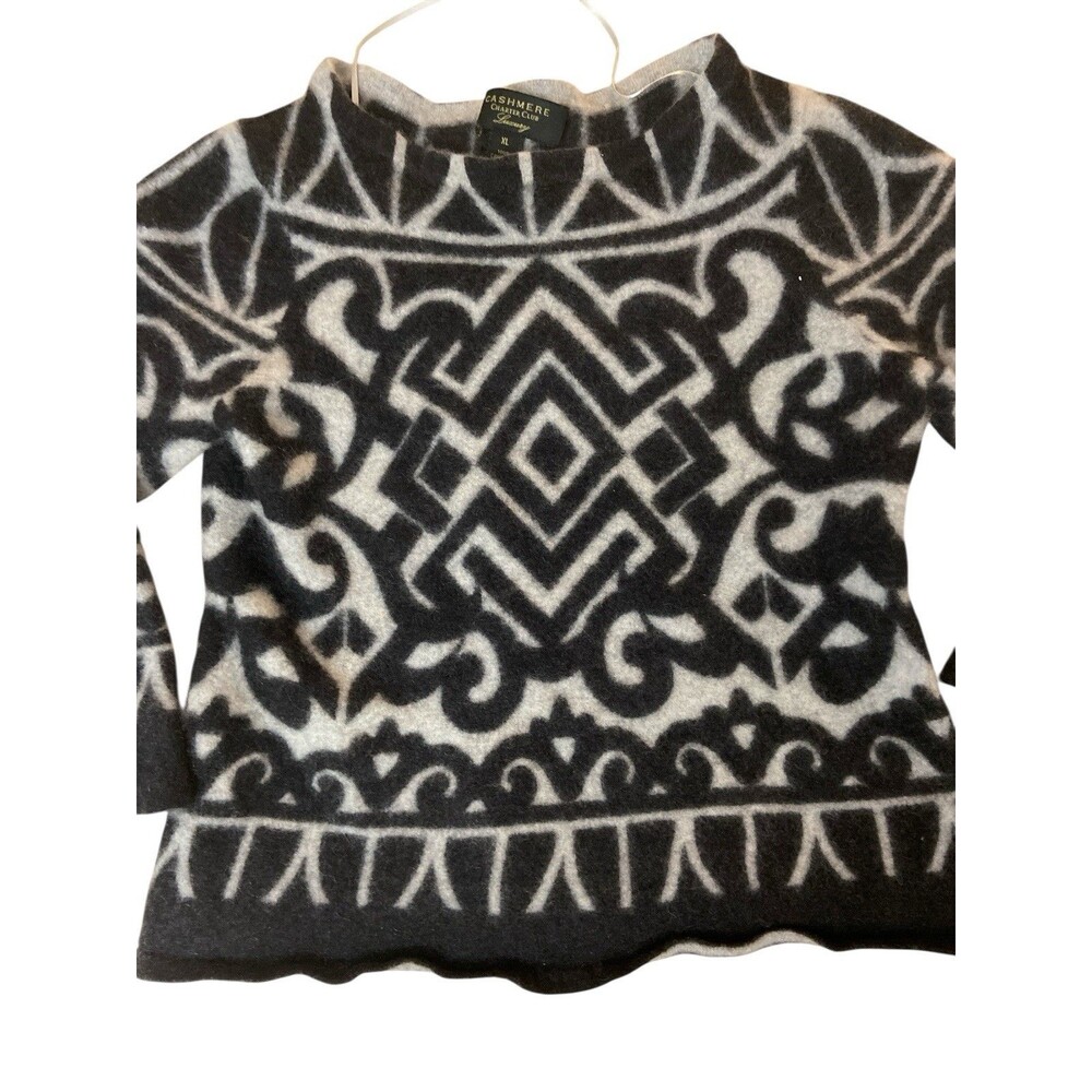 Charter Club Girls XL Cashmere Sweater Black White Geometric Print Long Sleeve‎